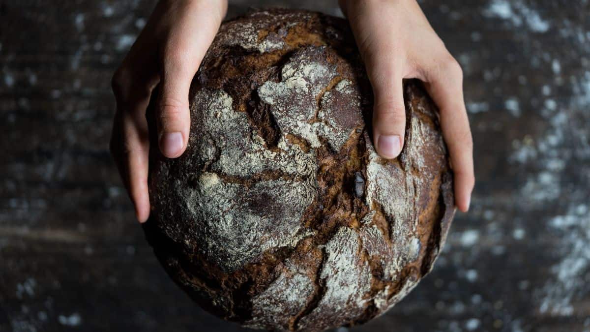 Person holding a loaf of bread.