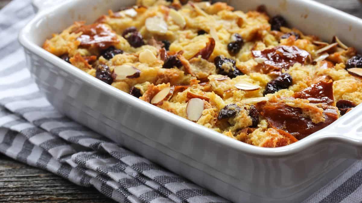 Bread pudding in a casserole dish.