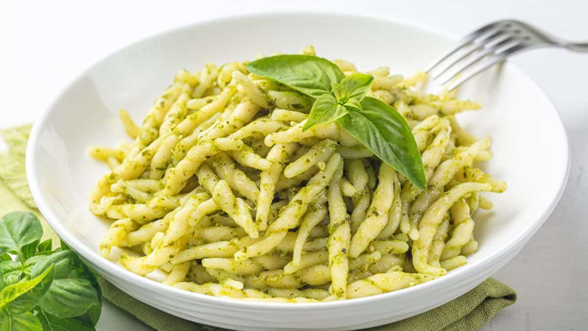 Trofie pasta in pesto sauce.