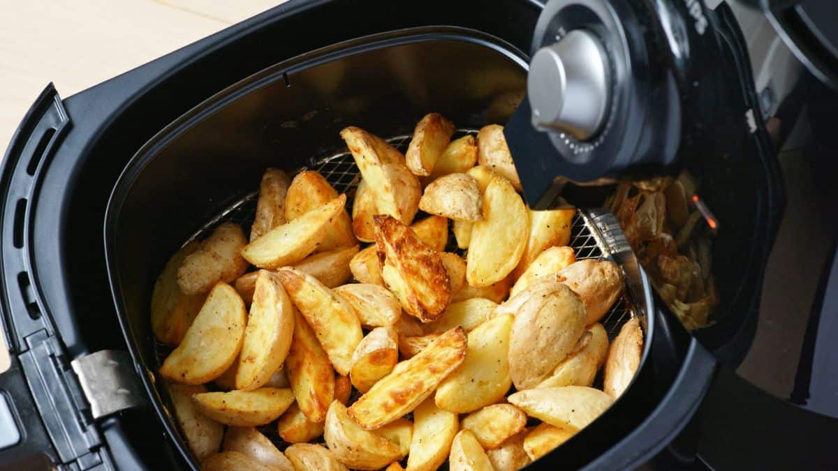 Fries inside air fryer.