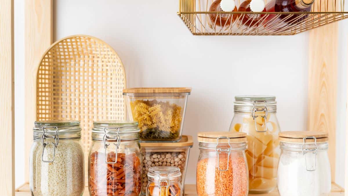 Glass storage container with food.