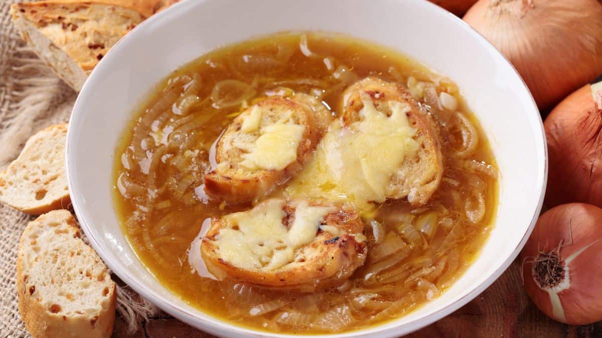 A bowl of French onion soup.