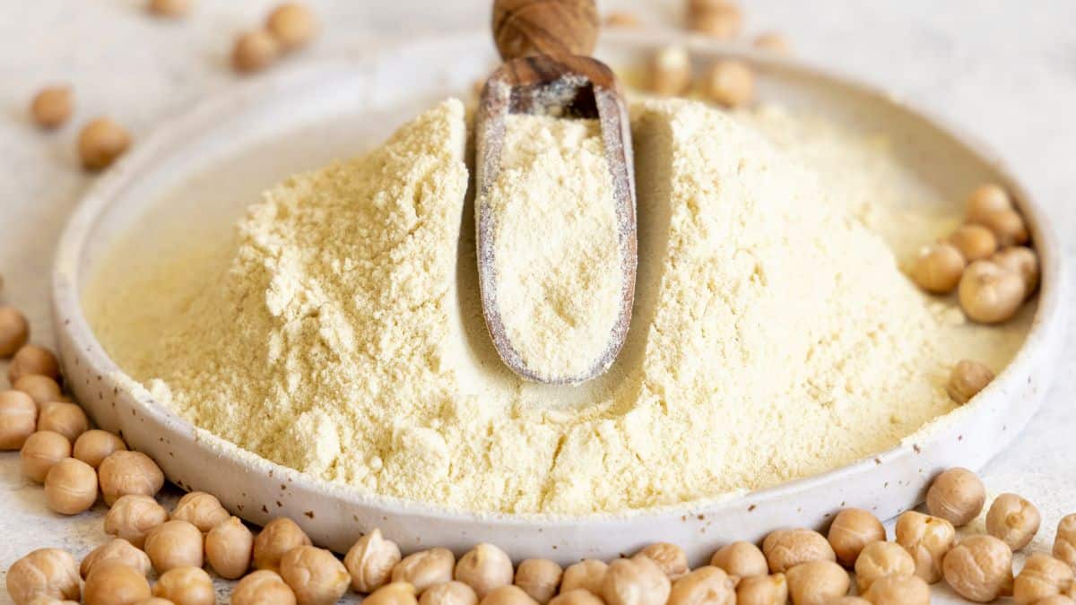 Chickpea flour on a white plate with handle on top.