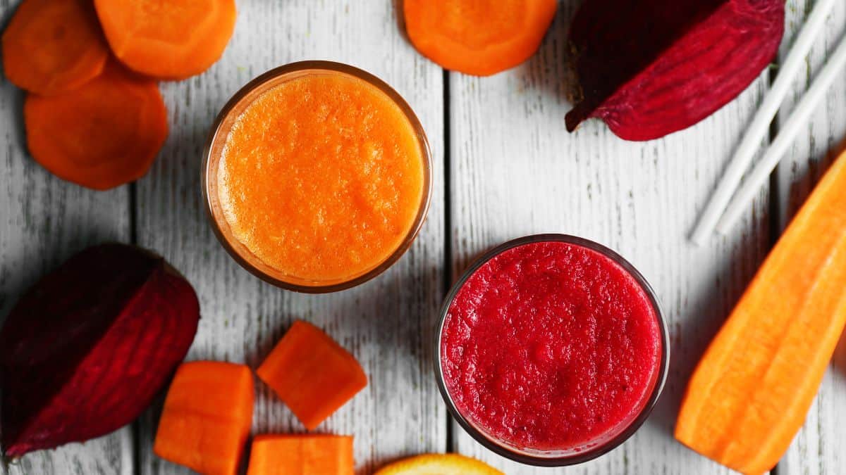 Beet and carrot smoothie glasses.