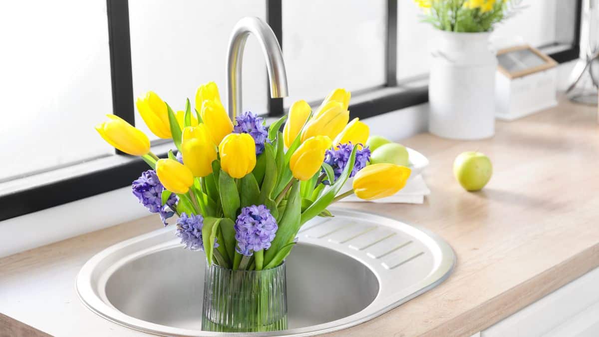 Flower vase in a kitchen sink.