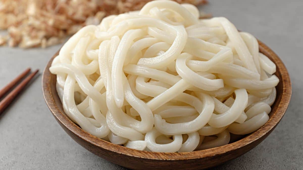 Udon noodles in a browl bowl.