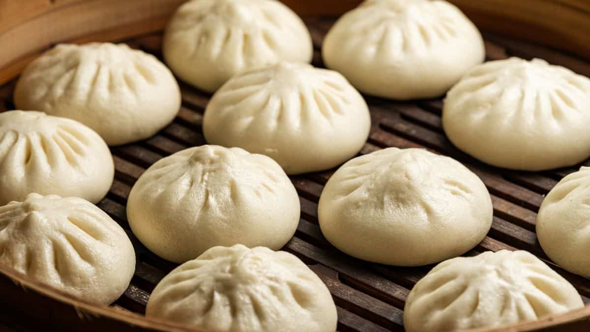 Xiao long bao in a jute steamer.