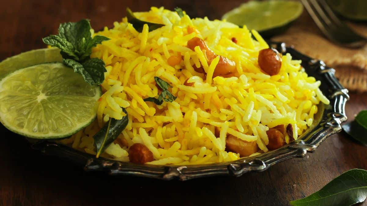 Indian lemon rice in a browl bowl.