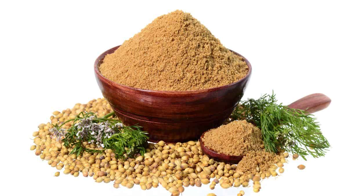 Ground coriander in a bowl with coriander seeds in the background.