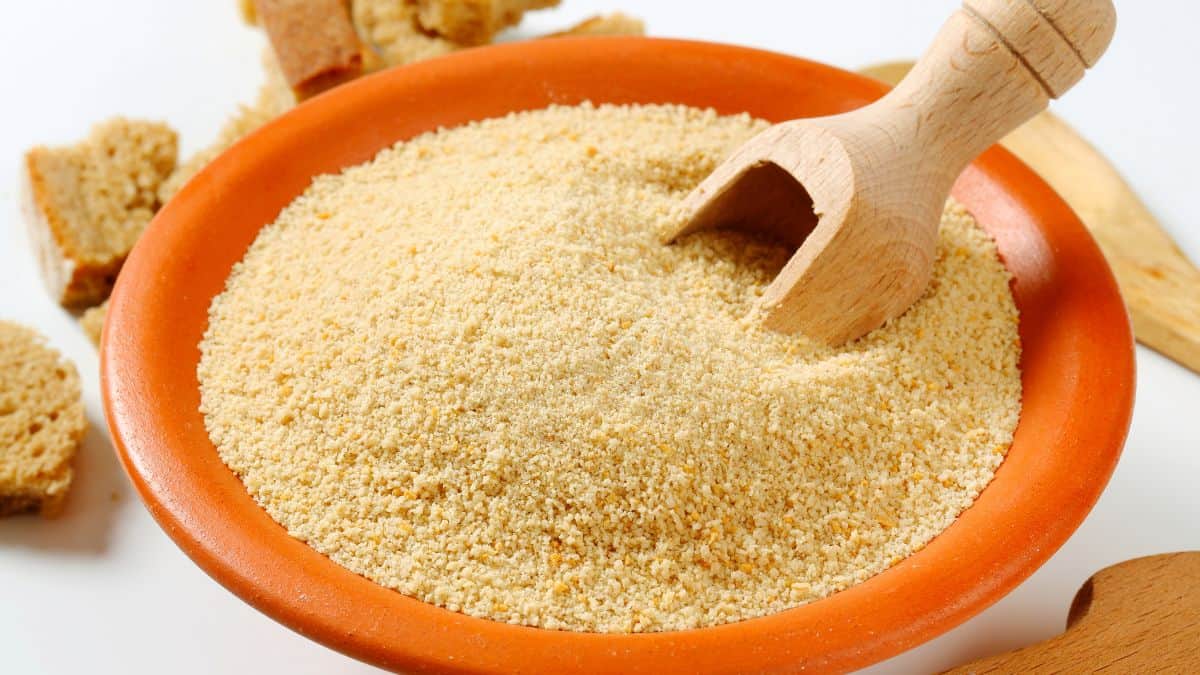 Breadcrumbs in a brown bowl.