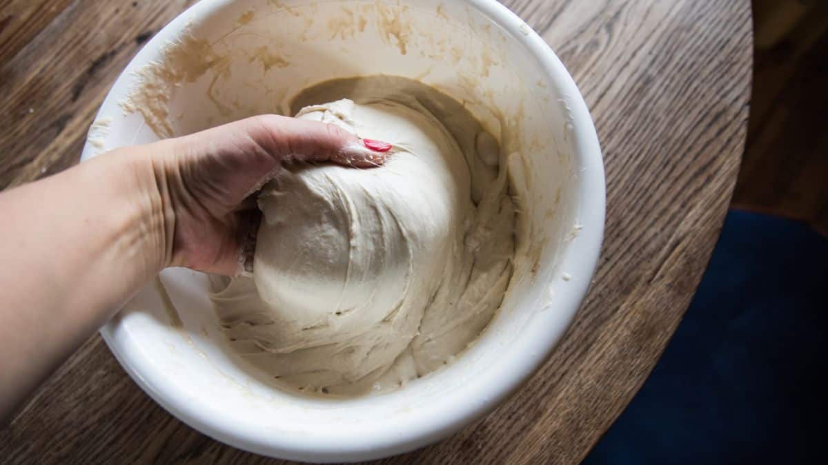 Kneading sourdough bread.