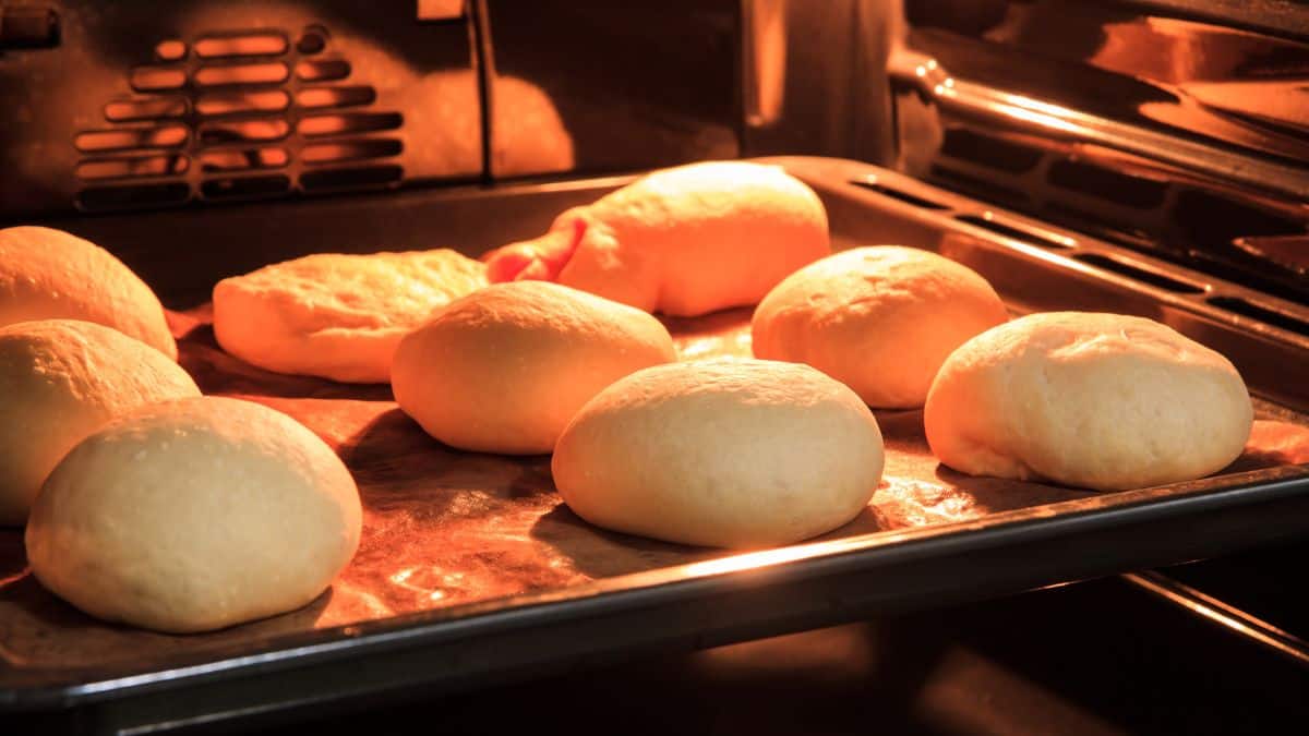 Bread rolls baking in the oven.