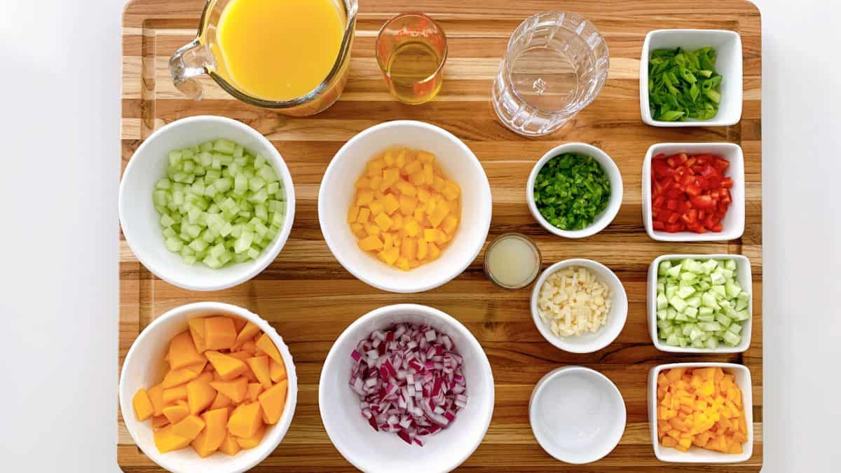 A table on which prepped ingredients are placed.