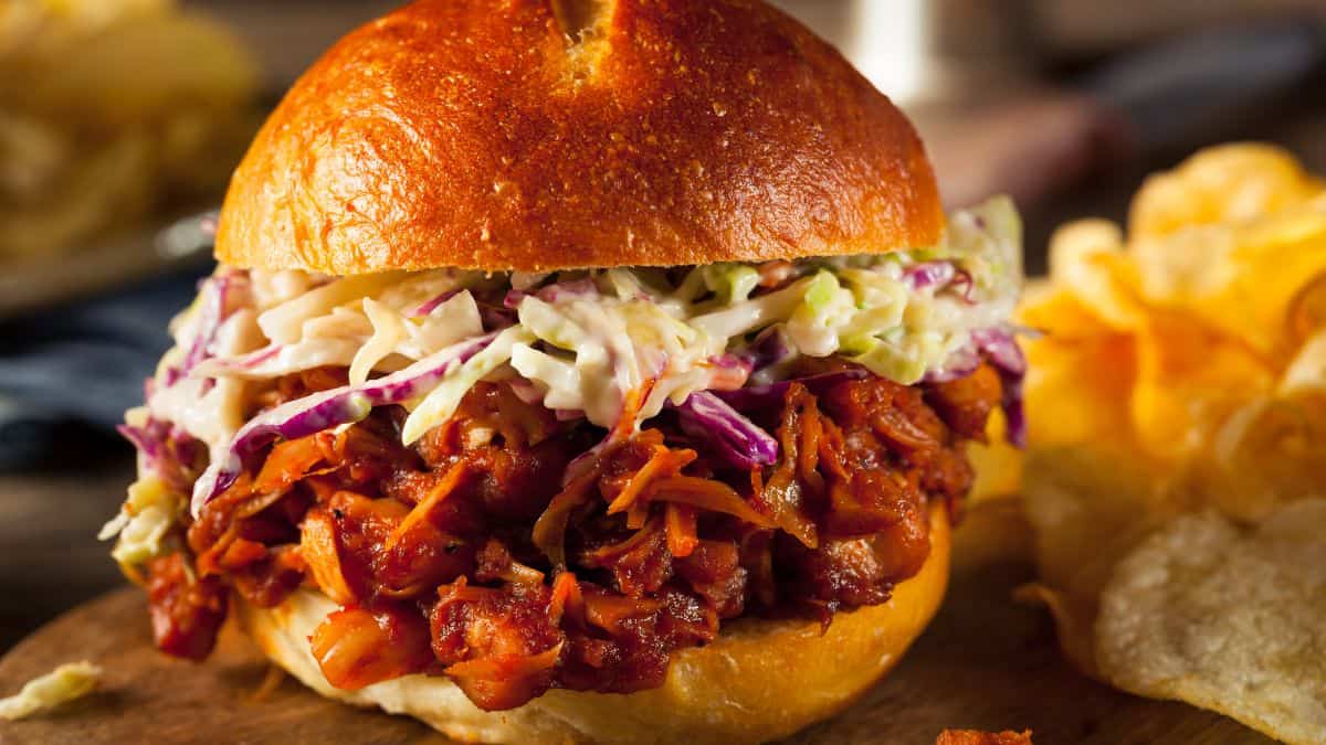 Jackfruit burger on a wooden board.