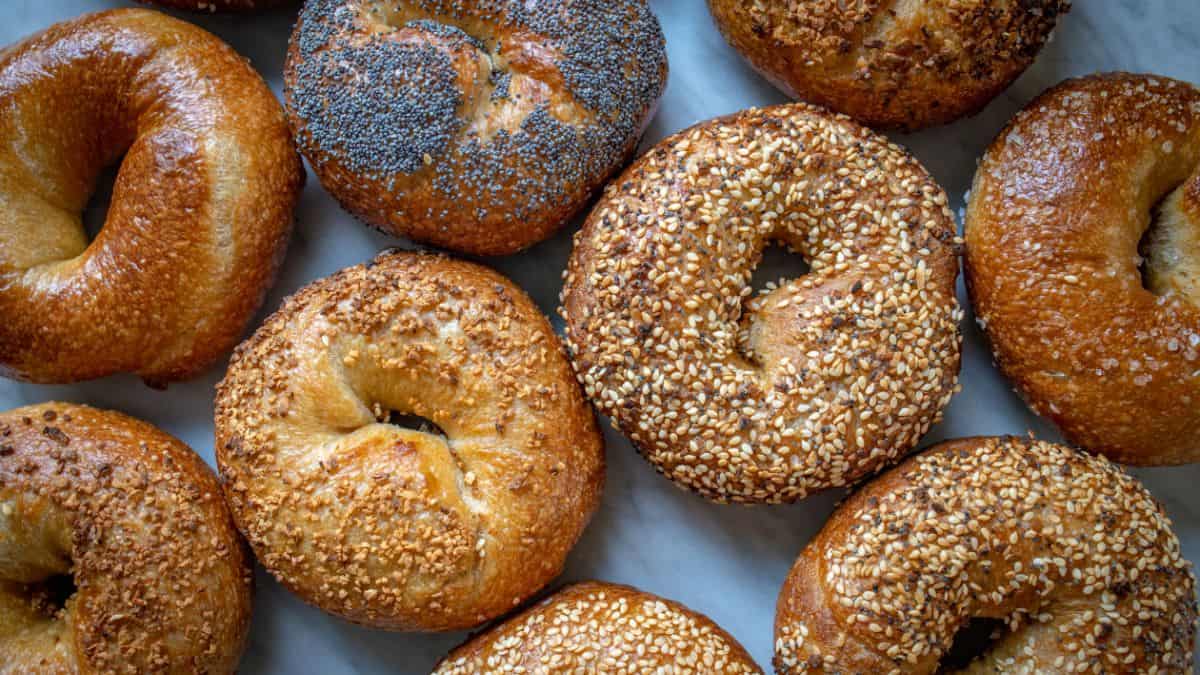 Bagels on a white surface.