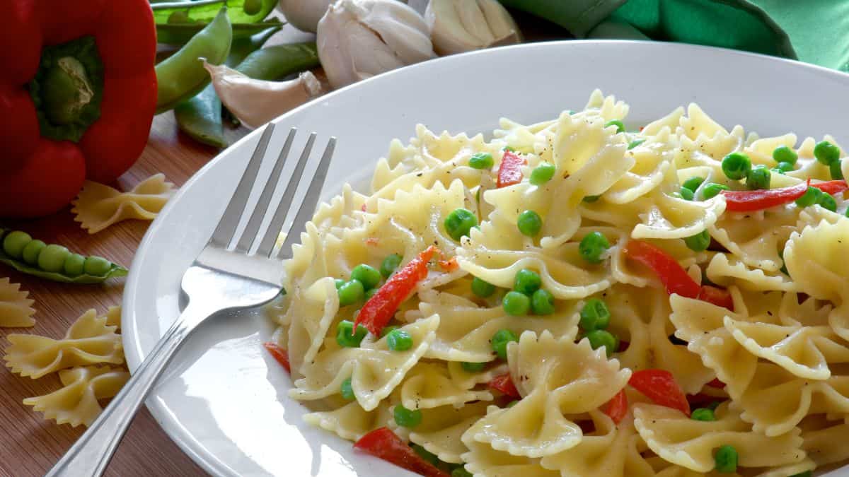 A plate of farfalle pasta salad.