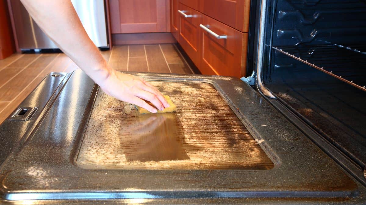 Woman cleaning oven.