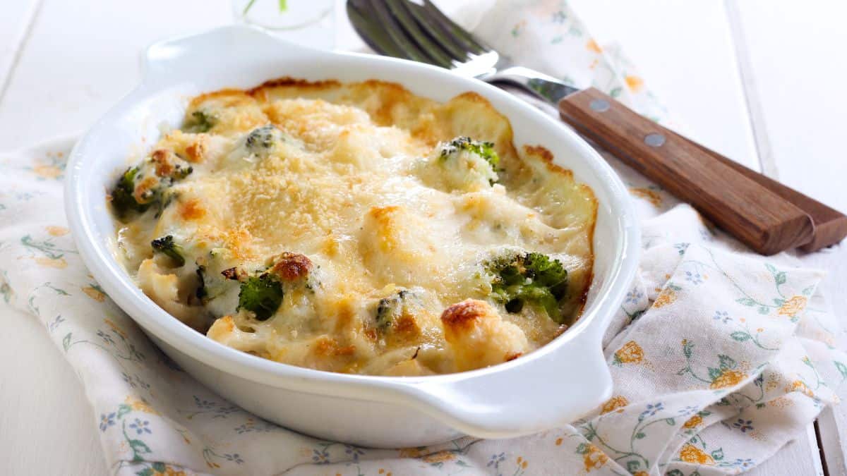 Broiled vegetables with cheese.