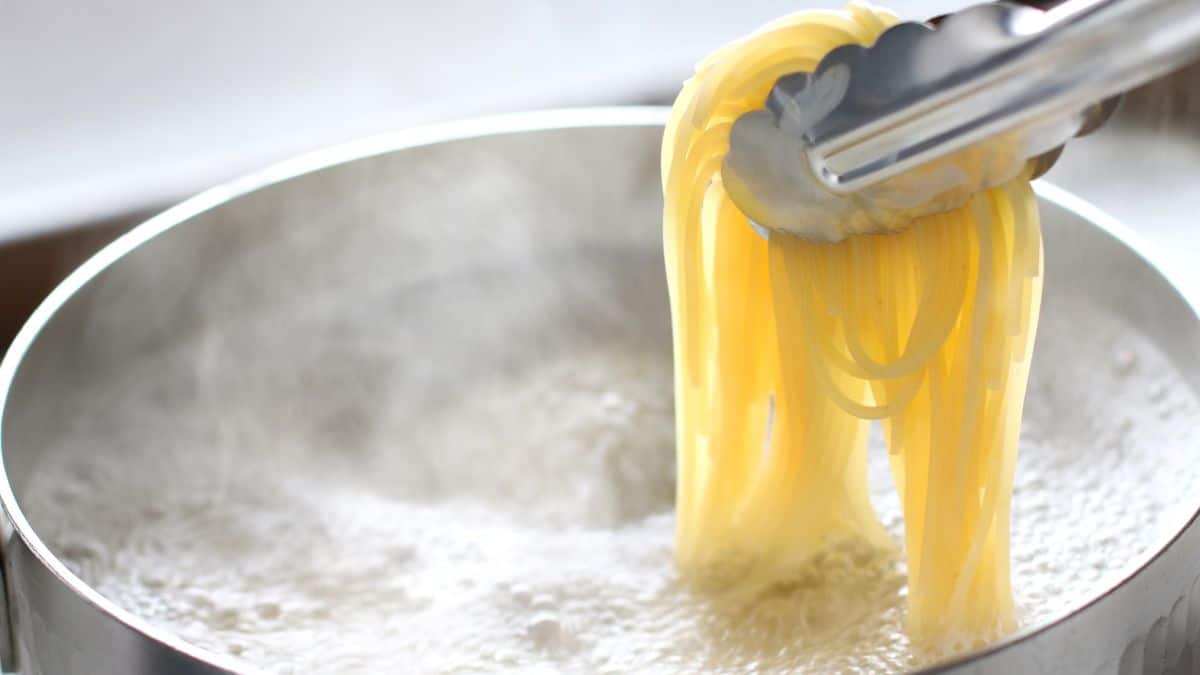 Cooked pasta in a pot.