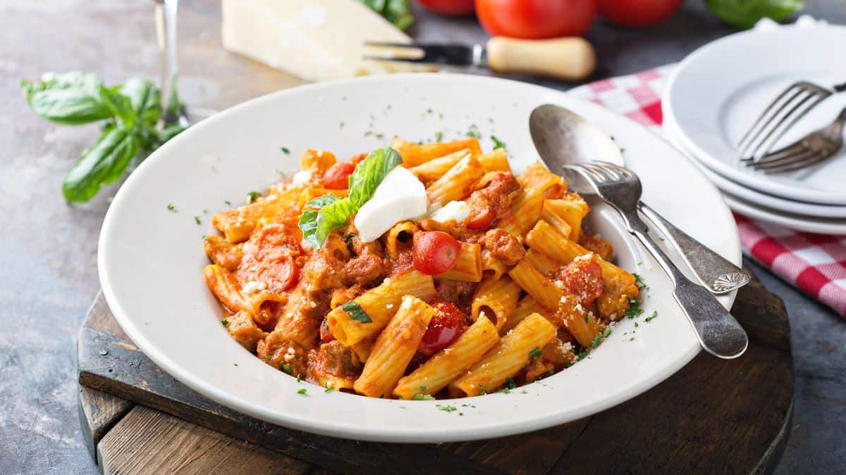 Rigatoni pasta on a white plate.