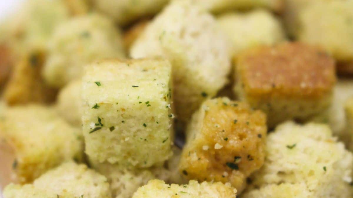 Close up of bread croutons.