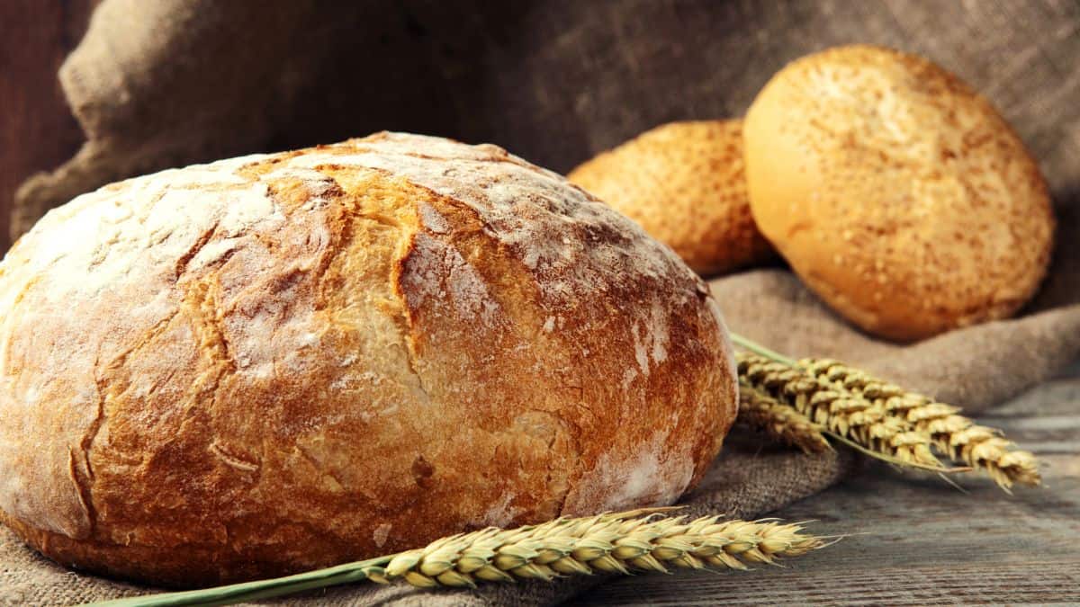 Loaves of bread on a wooden surface.