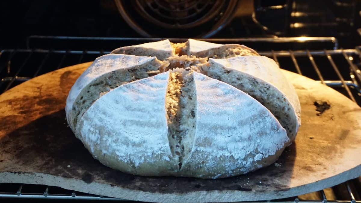 Bread baking in an oven.