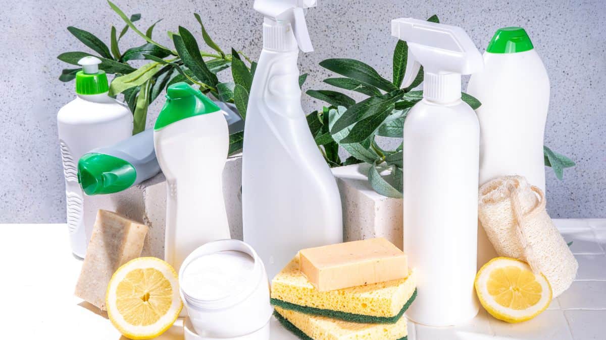 Eco-friendly cleaning products on a table.