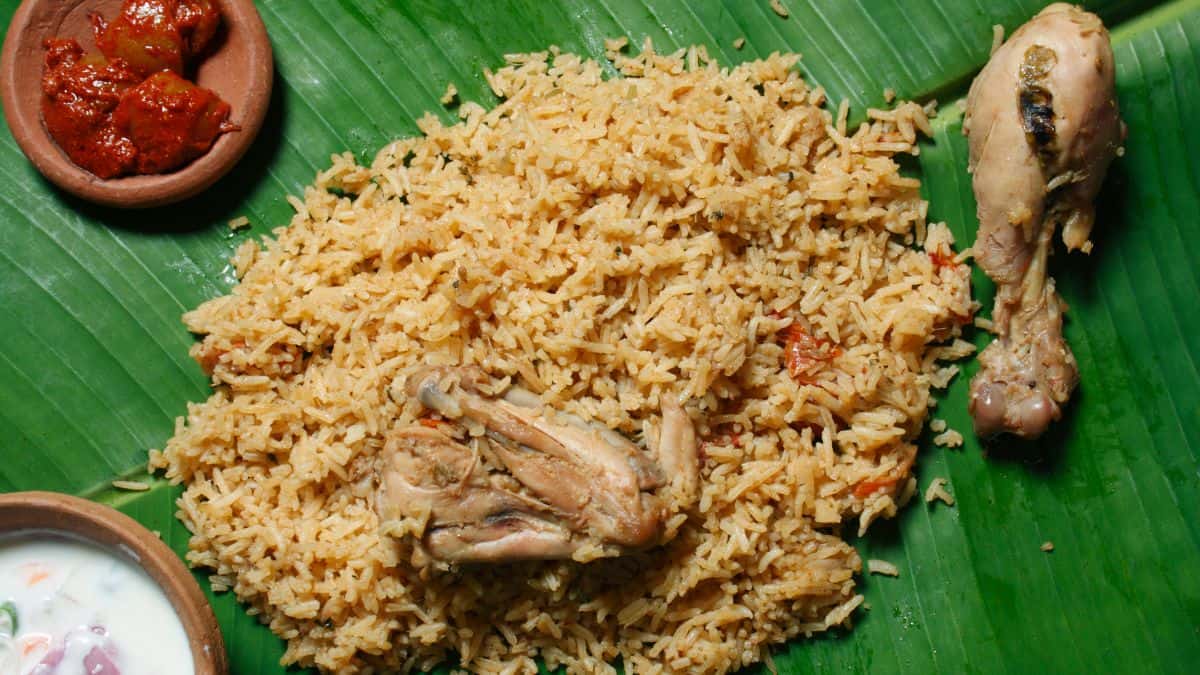 Biryani served on a leaf.