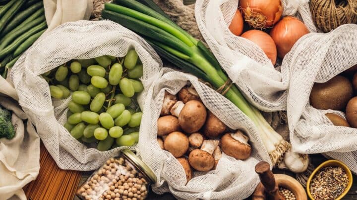 Fresh produce in reusable produce bags.