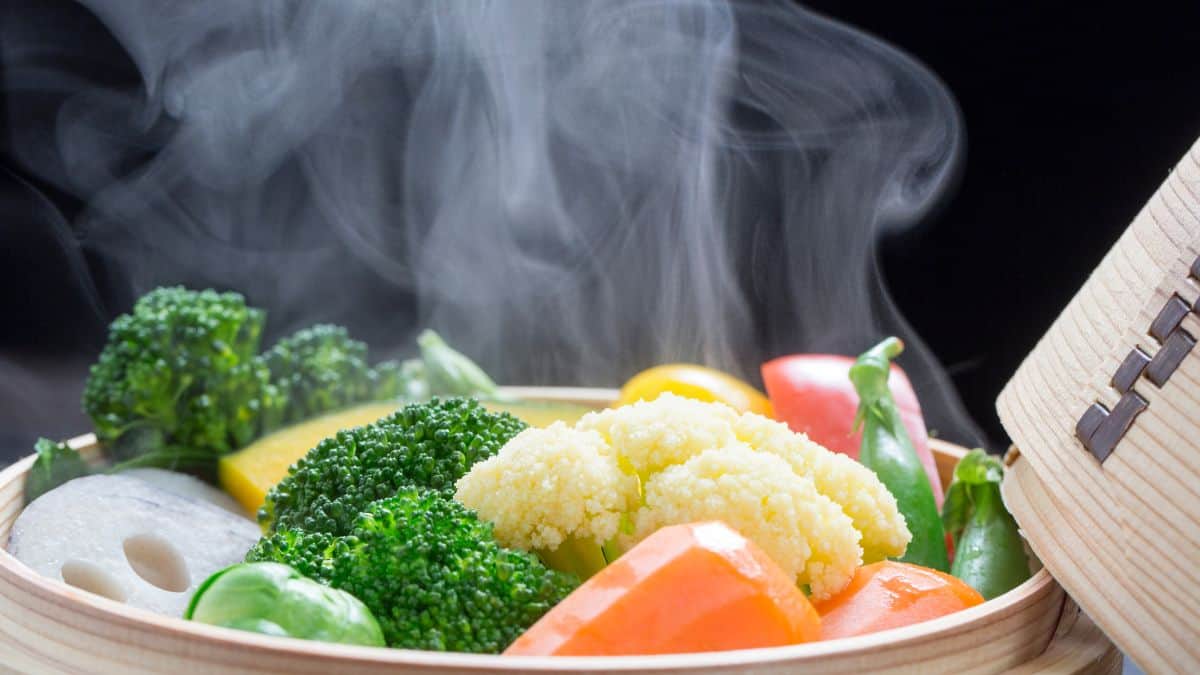 Vegetables in a steamer.