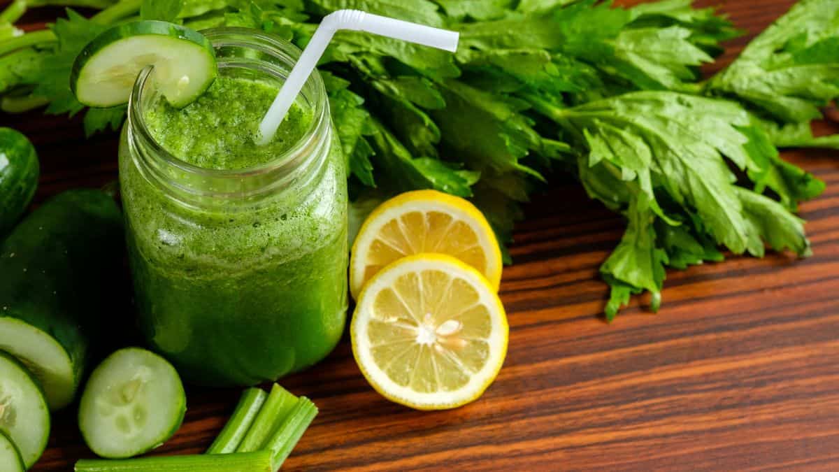 A glass of celery smoothie.