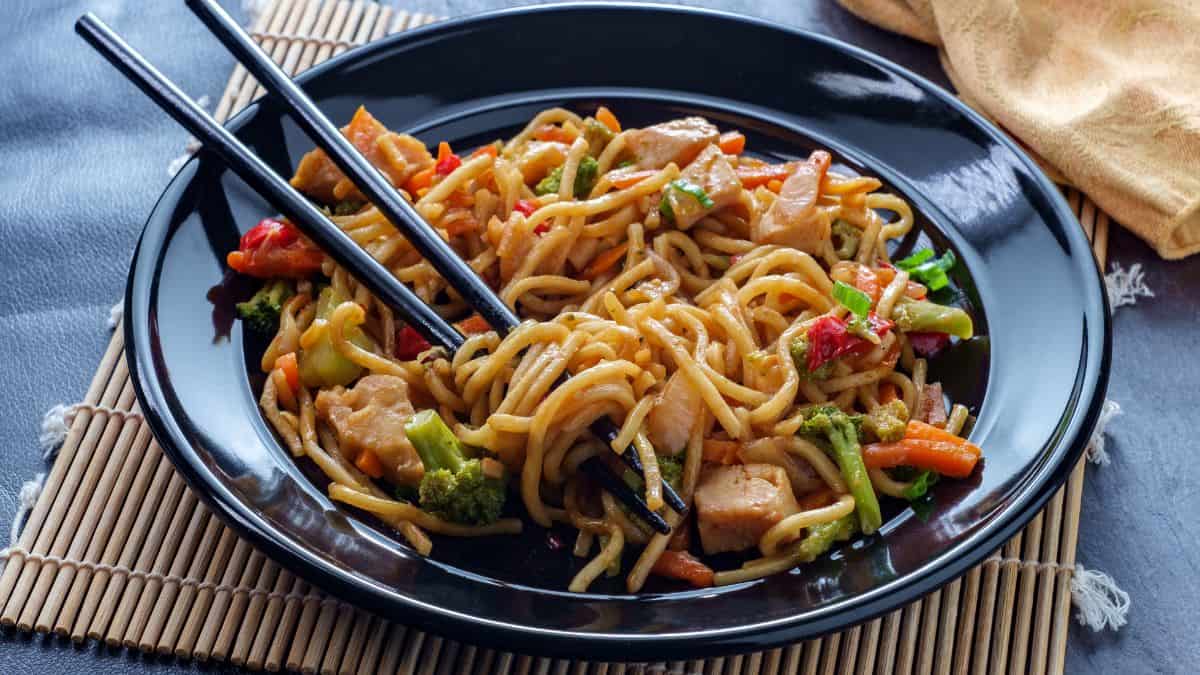 Chow mein with chopsticks.