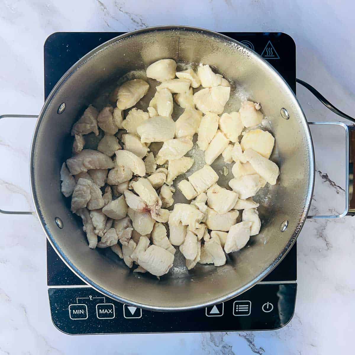 Browned chicken in a large pot.