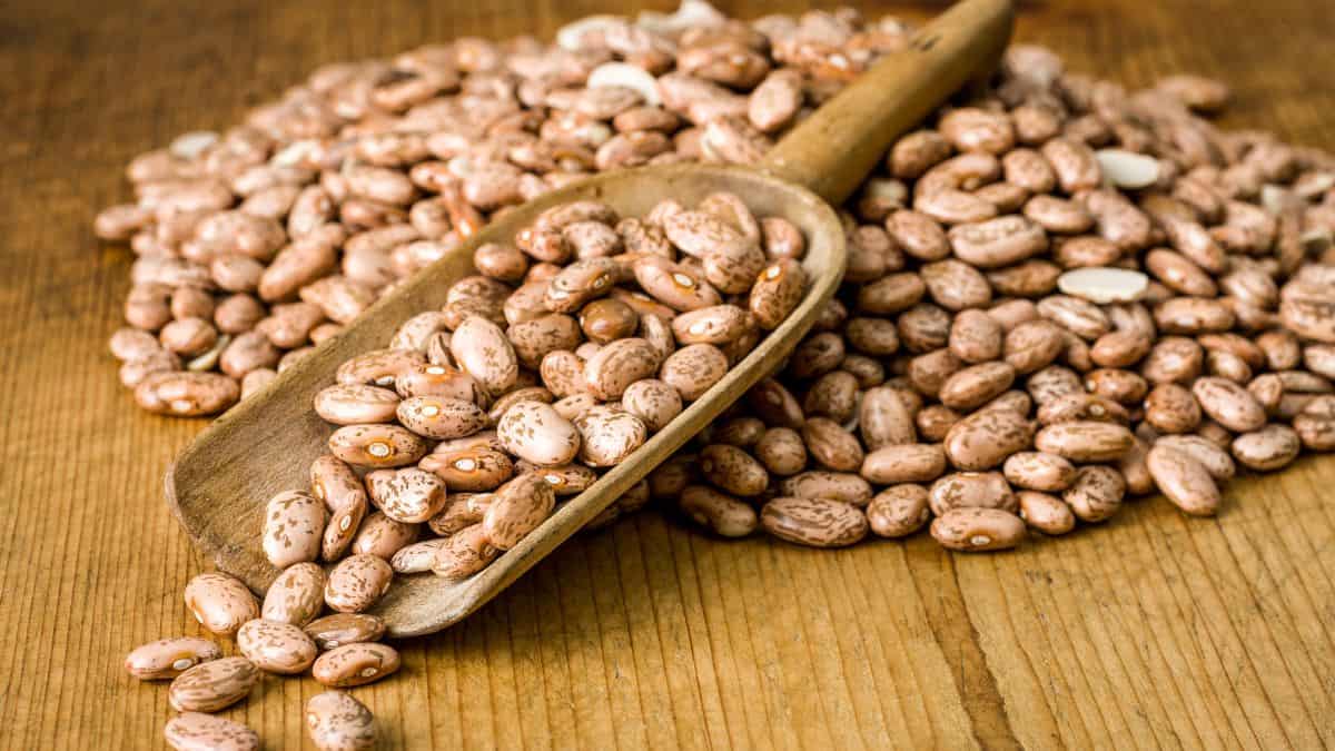 Pinto beans on a wooden board.