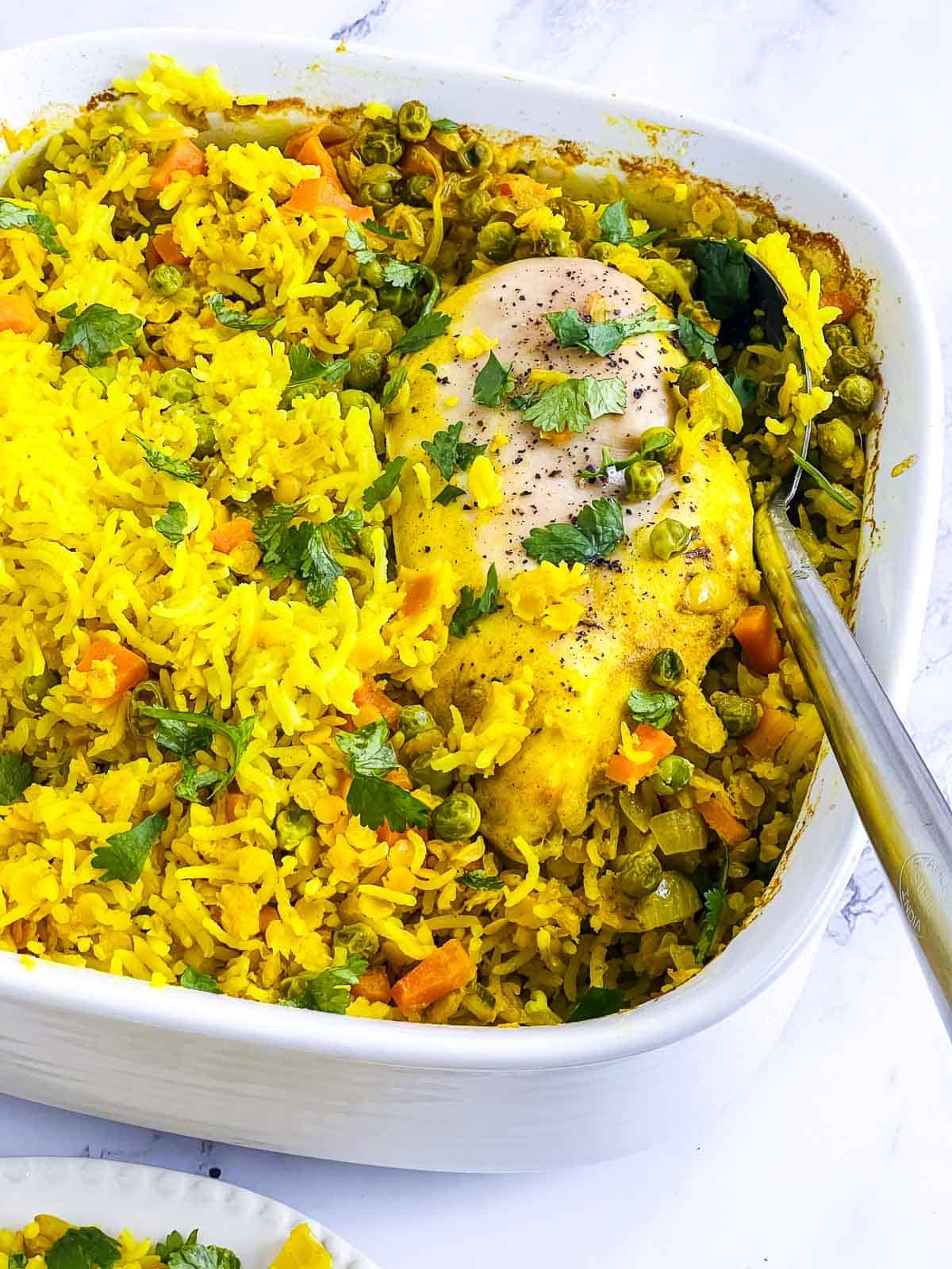 Perfectly baked chicken,rice, and lentils.