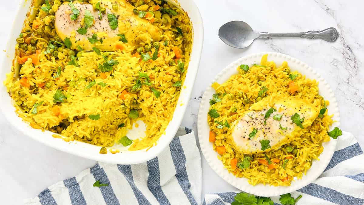 Chicken and rice casserole with lentils social media image.