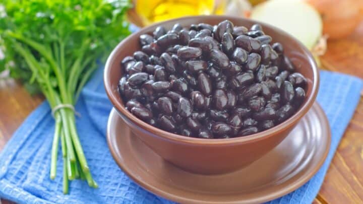 Black beans in a brown bowl with cilantro in the background.