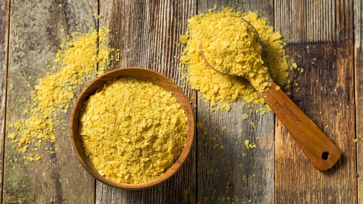 Nutritional yeast in a bowl and wooden spoon.