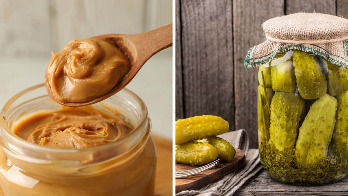 Collage of peanut butter and pickles.