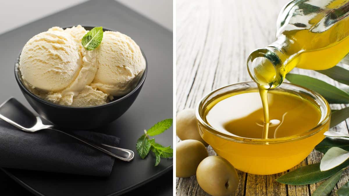 Collage of ice cream and olive oil.