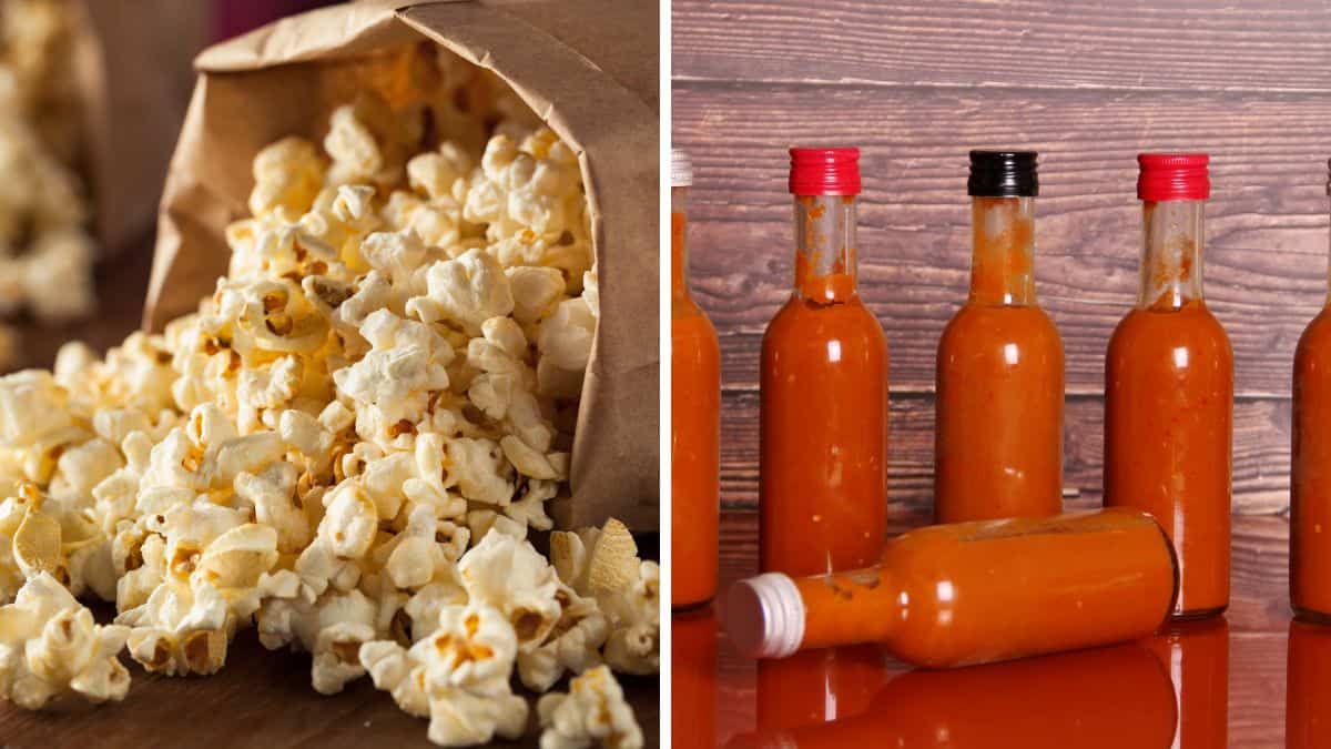 Collage of popcorn and hot sauce.