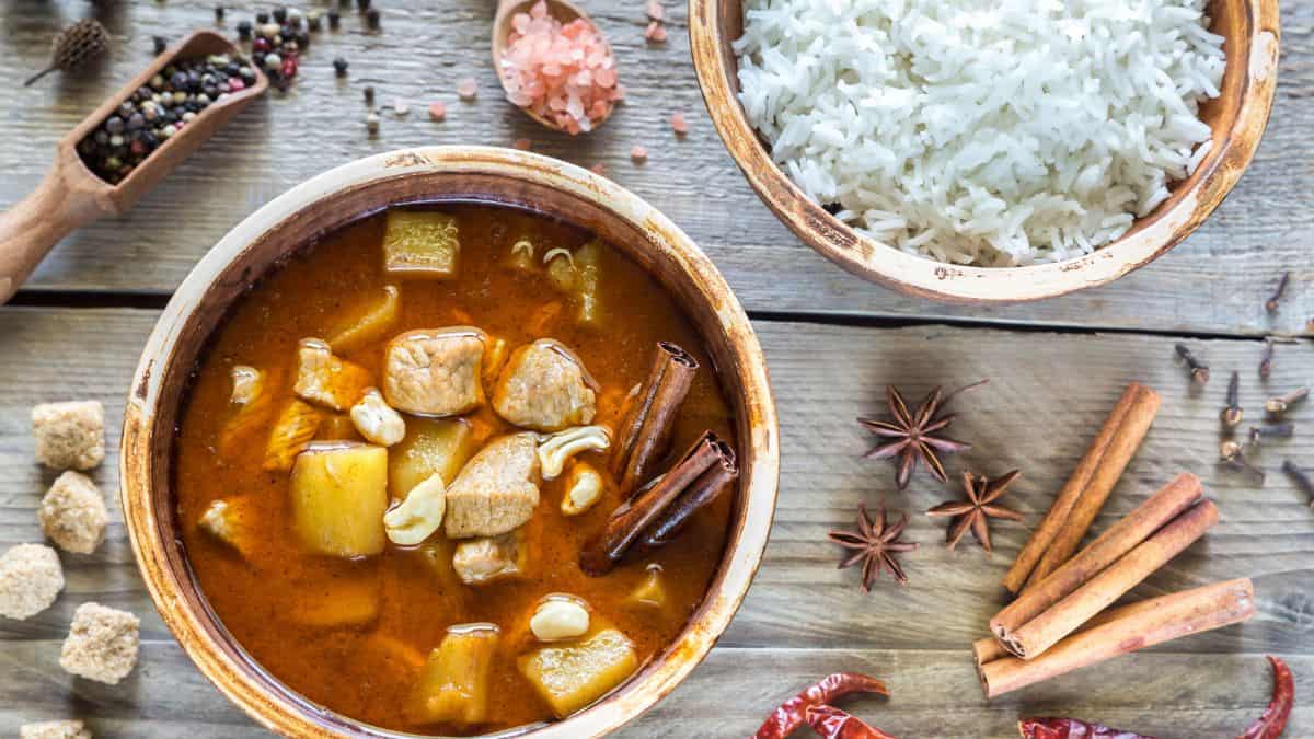 Massaman curry served with rice.