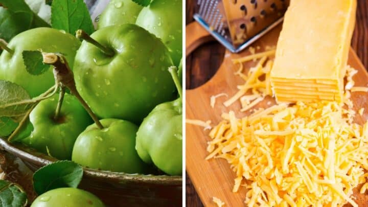 Collage of green apples and cheese.