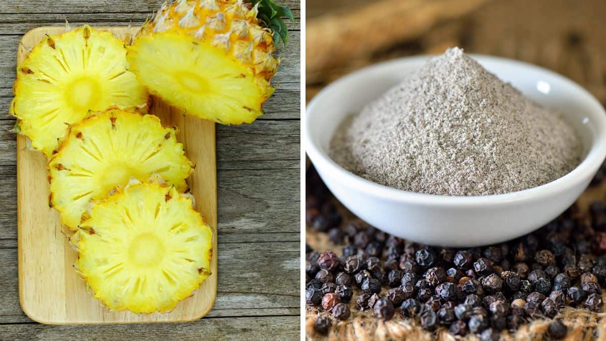 Collage of pineapple and black pepper.