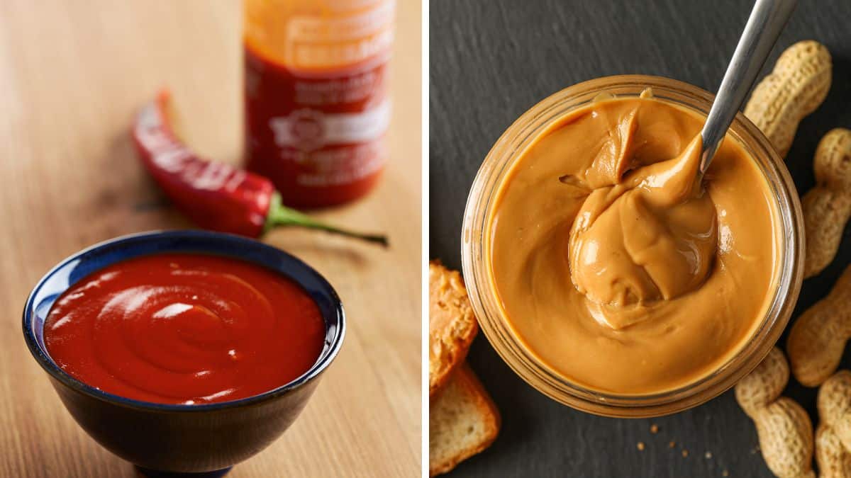 Collage of sriracha sauce and peanut butter.