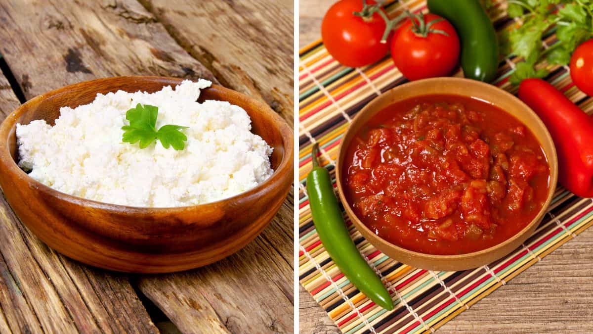 Collage of cottage cheese and salsa.