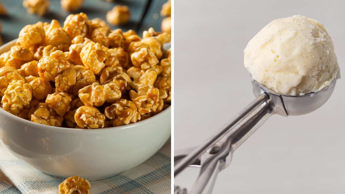 Collage of caramel popcorn and ice cream.