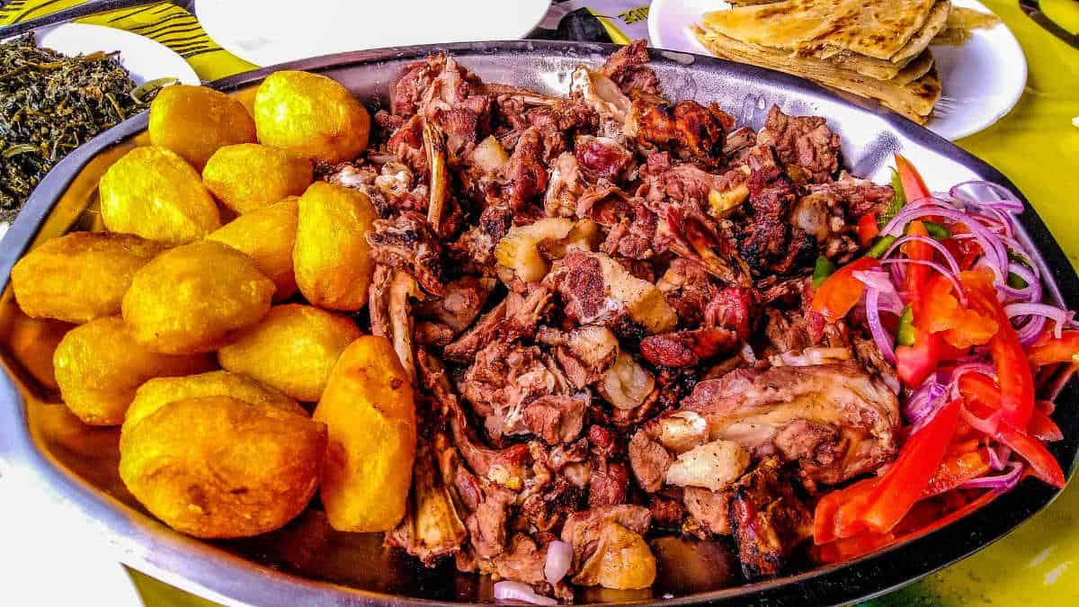 Kenyan nyama choma dish served in a wide plate.