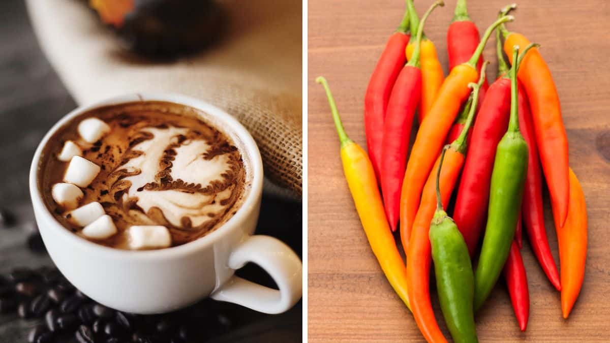 Collage of hot chocolate and cayenne peppers.